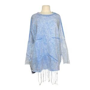 NWT BLUE VELVET Women’s Acid Wash Indigo Star Appliqué Fringe Knit Top